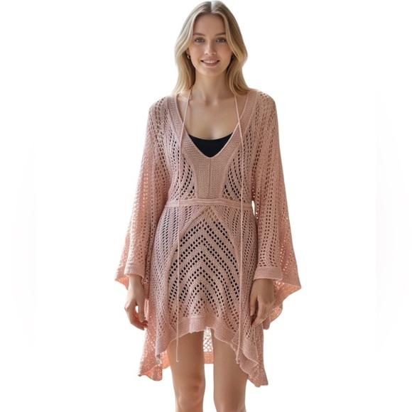 Free People Womens Whimsical Asymmetric Crotchet Beach Cover-Up Mini Dress Small - Picture 1 of 7